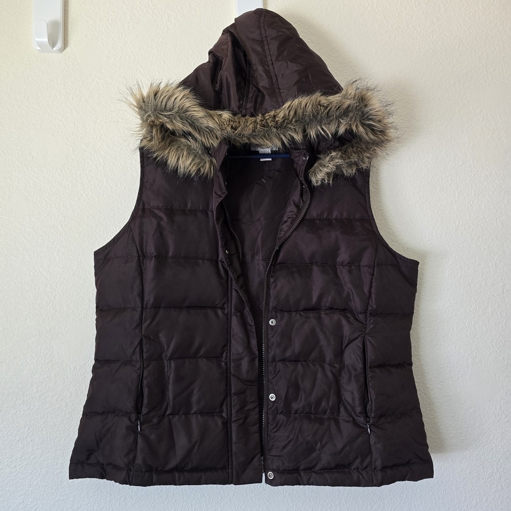 VTG Talbots Goose Down Puffer Vest Brown Full‎ Zip Outdoor Removable Hood Large